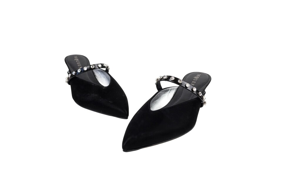 Alexander McQueen Black Satin Crystal Strap Pointed Toe Kitten Heel Mule Size 37